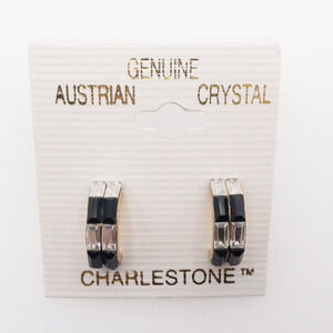 Austrian Crystal Semi Hoop Earrings Black Clear Goldtone 3/4"